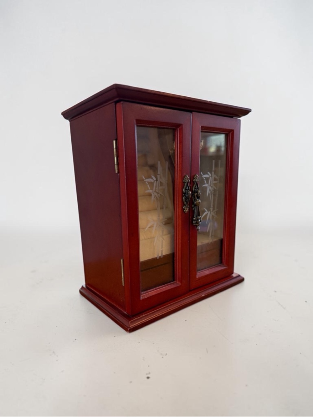 VINTAGE Wooden Jewelry Box with Etched Glass Doors